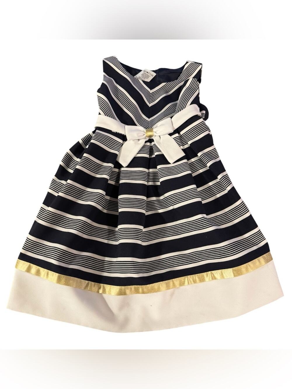 Bonnie Jean Navy and White Striped Bow Dress with Gold Trim Girls Size 4